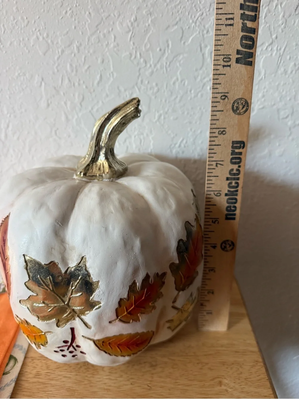 White  Pumpkin with Gold Leaf Accents - Seasonal Home Dining Decor